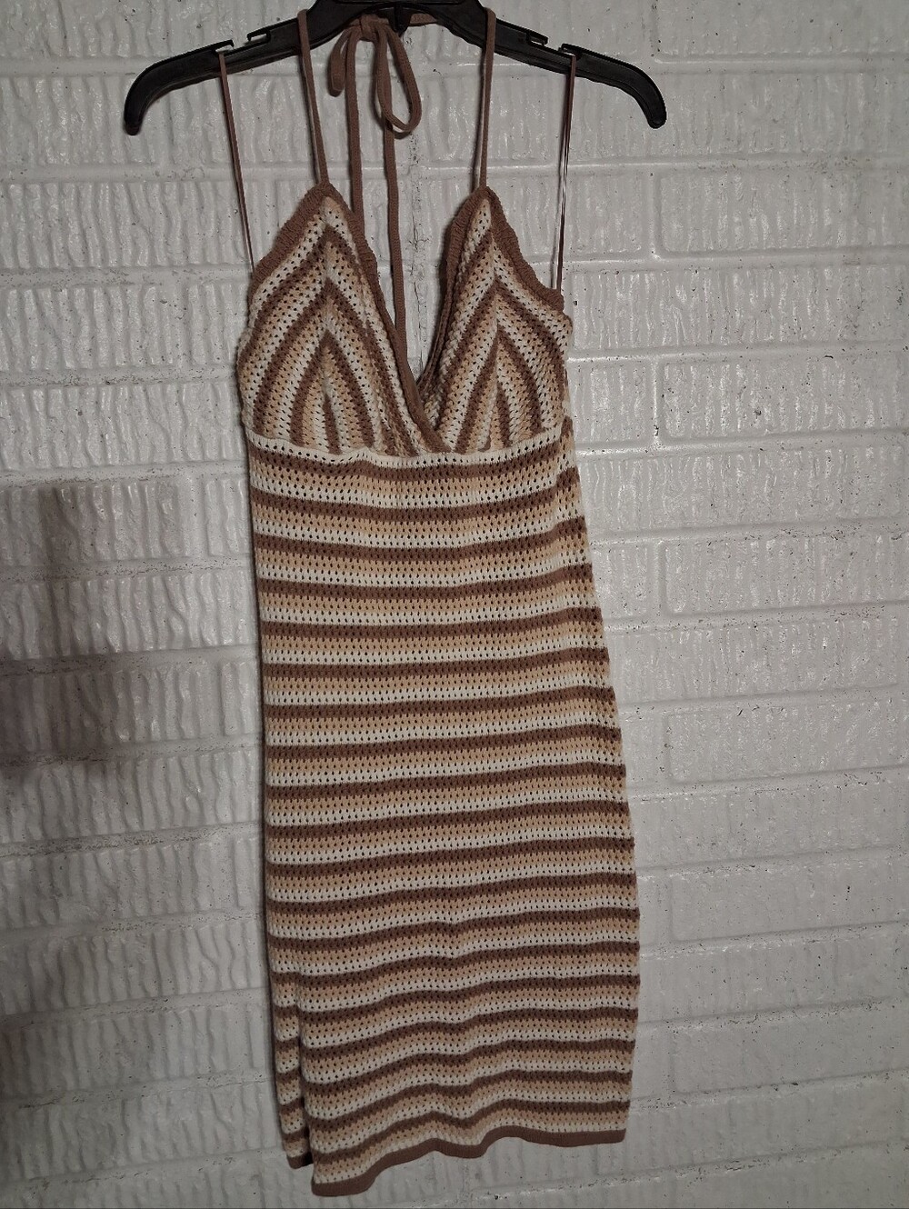 Striped Crochet Halter Midi Dress in Cream & Brown By Pink Rose Medium